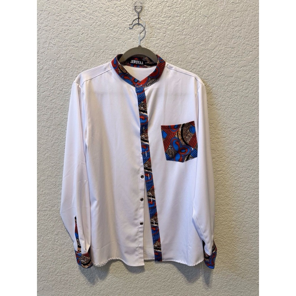 Zeroyaa Men African Prints Long Sleeve Button Up Mandarin Collar Shirt Size M
